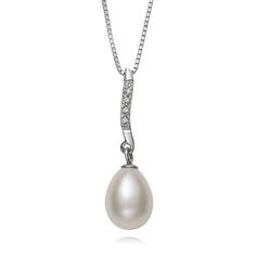 Sterling silver drop pendant with one 7 millimeter teardrop shaped white freshwater cultured pearl and four 1 millimeter round lab created white sapphires 18 inch sterling silver box chain Pearl White Teardrop Necklace With Pearl Drop, Pearl White Teardrop Pearl Drop Necklace, Pearl White Teardrop Drop Necklace, Anniversary Teardrop Pearl Pendant Drop Necklace, Classic Teardrop Pearl Pendant Drop Necklace, Classic Pearl Drop Teardrop Pendant Necklace, Teardrop Pearl Drop Necklace, Pearl White Teardrop Necklace For Anniversary, Drop Pearl Pendant Necklace