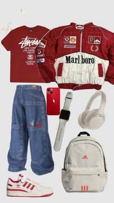 Red Outfit Streetwear, 90s Streetwear, Streetwear Men Outfits, Swaggy Outfits