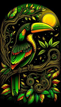 a toucan bird sitting on top of a tree branch in front of the sun