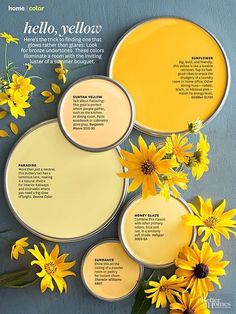 some yellow flowers are sitting in front of two plates with different colors on them and the words hello, yellow