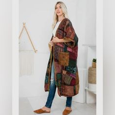 Patchwork Long Short Sleeve Jacket One Size Fits Most Assorted Patchwork Short Sleeves Long Jacket Made In Thailand Care Instructions: Machine Wash Fabric: 100% Cotton Only Purple Brown Brown Patchwork Outerwear For Layering, Bohemian Outerwear With Pockets For Layering, Oversized Patchwork Outerwear For Fall, Long Sleeve Patchwork Kimono For Winter, Multicolor Long Sleeve Kimono For Fall, Casual Patchwork Kimono For Fall, One Size Patchwork Outerwear For Fall, One Size Multicolor Fall Kimono, Winter Patchwork Outerwear One Size Fits All