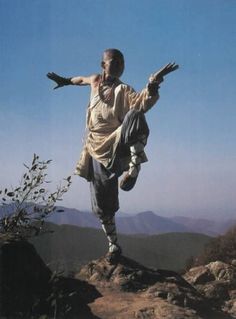 a man standing on top of a mountain holding his arms out in the air with one hand