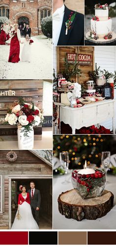 a collage of photos with red, white and black wedding colors in the same color scheme