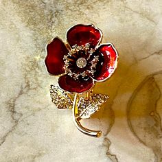 Poppy Brooch *Austrian Crystal Vivian Character, Red Poppy Flower, Red Dahlia, Poppy Brooches, Modernist Jewelry, Katherine Mcnamara, Sterling Silver Brooch, Pearl Leather, Heart Brooch