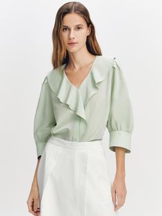 Composition : Rayon Cotton 60'S / Rayon 60%, Cotton 40%Color : MINTCountry of Origin : Republic of Korea Green Blouse, Shopping List, Dream Closet, Ruffle Blouse, Composition, Top Blouse, Top Outfits, The Originals, Clothes For Women