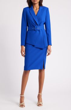 This tailored jacket is designed with a matching belt and a pared-back ruffle, while a simple straight-cut skirt completes the polished look. 25" to 29" jacket length; 24 1/2" center front skirt length (size 8) Jacket has notched lapels; long sleeves Lined 96% polyester, 4% elastane Dry clean Imported Removable belt 2 piece set Formal Blue Belted Outerwear, Fitted Blazer With Belt Detail For Work, Elegant Blue Belted Outerwear, Elegant Fitted Blazer With Belt Detail, Summer Wardrobe Essentials, Belted Jacket, Sports Blazer, Made Clothing, Denim Leggings