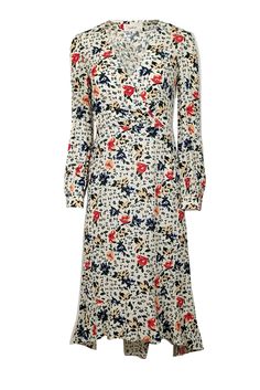 Current Boutique-Ba&sh - Ecru w/ Red & Blue Floral Print Midi Dress Sz 4 Printed Floral Dress For Fall, Chic Printed Dress With Surplice Neckline, Printed Fitted Viscose Maxi Dress, Floral Print Viscose Dresses For Fall, Fitted Multicolor Viscose Midi Dress, Multicolor Fitted Midi Dress With Surplice Neckline, Fitted Maxi Dress With Floral Print And Surplice Neckline, Fitted Multicolor Midi Dress With Surplice Neckline, Fitted Midi Dress With Floral Print And Surplice Neckline