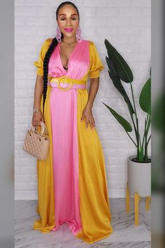 020123 Golden Mustard & Pink Colorblock Maxi Dress Colorblock Maxi Dress, Color Block Maxi Dress, Matching Ring, Pleated Bodice, Light Pink Color, Matching Rings, Pink Maxi Dress, Gathered Skirt, Buckle Belt