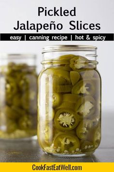 pickled jalapeno slices in a jar with text overlay