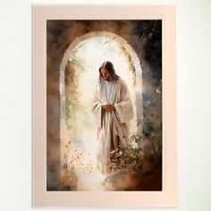 a painting of jesus walking through a tunnel with his hands in his pockets and looking at the ground