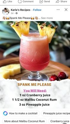 a drink with pineapple on the top and an ad for it to be served