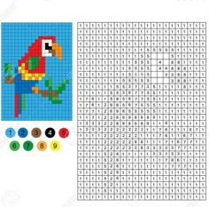 a cross stitch pattern with a parrot sitting on a tree branch and numbers in front of it