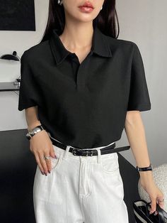 Women Business Casual Solid Color Polo Collar Short Sleeve Top Black Casual  Short Sleeve Knitted Fabric Plain  Slight Stretch  Women Clothing, size features are:Bust: ,Length: ,Sleeve Length: Black Polo Outfit Woman, Polo Style Women, Polo Top Outfit, Polo Outfit Women's, Black Polo Outfit, Smart Casual Shorts, Short Sleeve Shirt Outfit, Black Shirt Outfits, Black Top Outfit