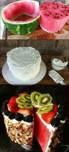 there are three different types of cake on the table and one is decorated with watermelon