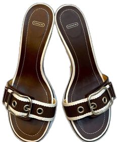 Classic Coach Sandals For Summer, Coach Sandals With Buckle Closure For Summer, Chic White Coach Heels, Coach White Sandals For Spring, Coach White Leather Sandals, White Leather Coach Sandals, Red Flip Flops, Beaded Flip Flops, Coach Flip Flops