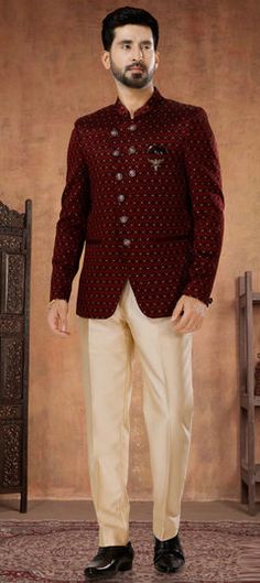 Red and Maroon color Jodhpuri Suit in Jacquard fabric with Embroidered, Sequence, Thread work Red Nehru Jacket For Diwali Designer Wear, Red Designer Nehru Jacket For Festive Occasions, Red Nehru Jacket For Festive Designer Wear, Formal Brocade Set With Zari Weaving, Red Bandhgala For Eid Festive Occasion, Designer Red Fitted Nehru Jacket, Fitted Red Bandhgala For Festive Season, Red Fitted Bandhgala For Festive Season, Red Fitted Nehru Jacket For Designer Wear