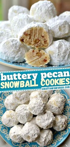 two plates filled with snowball cookies and one plate full of buttery pecan snowball cookies