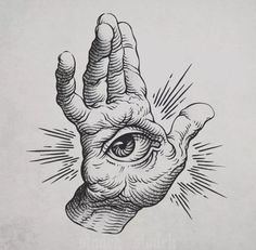 a hand with an all seeing eye on it's palm is drawn in black ink