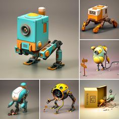 several different images of various robots and objects