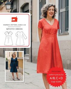 a woman's dress sewing pattern with the front and back view of it in red