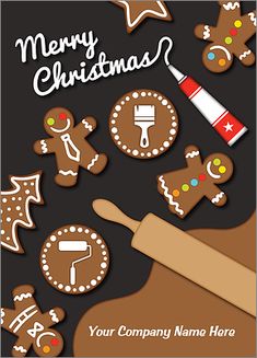 a christmas card with ginger cookies and icing on the top, next to a rolling pin