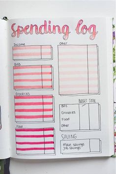 an open planner book with pink and white stripes on it, including the words spending log