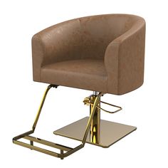 a brown chair with gold legs on a white background