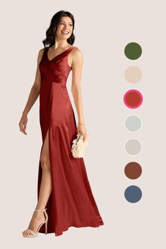 a woman in a long red dress standing next to color swatches and holding a bouquet