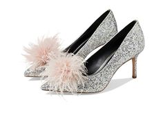 Kate Spade New York Marabou Heel - Women's Shoes : Gold/Silver : Kate Spade New York Marabou Heel is your ticket to the glamorous nightlife of the vogue city. Allover glitter textile upper. Soft leather lining and insole. Slip-on style. A puff of delicate feathers adorns the upper. Point toe construction. Stiletto heels. Leather outsole. Imported. Measurements: Heel Height: 3 in Weight: 9 oz Product measurements were taken using size 9, width M. Please note that measurements may vary by size. We Winter Party Heels With Low Heel, Winter Party Low Heel Shoes, Chic Holiday Heels With Glitter Accents, Formal Synthetic Heels With Sequins, Formal Synthetic Sequined Heels, Fall Glamorous Glitter Heels, Formal Sequin Synthetic Heels, Sparkling Evening Heels For Winter, Spring Gala Glitter Heels