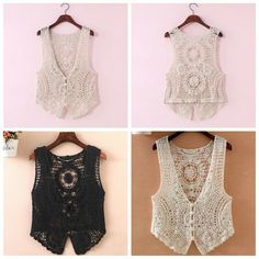 four pictures of different types of crocheted vests on hangers, one in white and the other in black