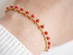 "This Colorfull Boho Rosary Chain bracelet is made with Gold Plated chain adorned with Red Cristal Glass beads. ➵ Perfect to wear alone or for layering with more bracelets. ➵ Bracelet length is ajustable thanks to 5 cm (2 in) extender chain. --*--*--*--*--*--*--*--*--*--*--*--*--*--*--*--*--*--*-- ∞ SIZE ∞ - length: Adjustable bracelet - around 15 cm (5.9 in) - 20 cm (7.9 in). If you like another length please make a note when you \"check out\" (I can make it for children) . ∞ MATERIAL ∞ - Gold Red Faceted Beads Bracelet, Traditional Red Faceted Beads Bracelet, Dainty Red Beaded Bracelets With Tiny Beads, Red Beaded Bracelets With Beaded Chain, Red Beaded Dainty Jewelry, Adjustable Red Beaded Chain Bracelet, Red Beaded Bracelets With Tiny Beads For Party, Red Beaded Bracelet With Tiny Beads For Parties, Red Beaded Dainty Bracelets