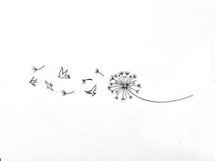 black and white photograph of dandelion blowing in the wind with birds flying by