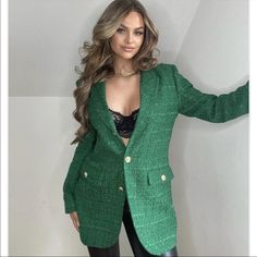 Zara Buttoned Textured Wave Blazer Simply Beautiful Jean Jacket Patches, Patched Denim Jeans, Peplum Blazer, Hooded Trench Coat, Zara Coat, Jacquard Jacket, Zara Blazer, Jean Jacket Women, Green Blazer