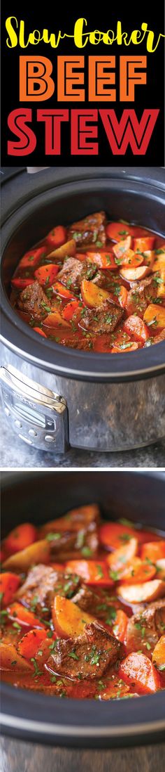 slow cooker beef stew in a crock pot with text overlay that reads slow cooker beef stew