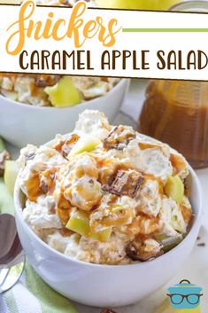 two bowls filled with apples and caramel apple salad on top of a green table cloth