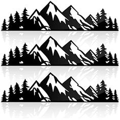 three mountain silhouettes with trees on the top and one in the bottom, all facing different directions