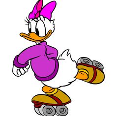 an image of a cartoon duck on a skateboard with pink hair and purple outfit