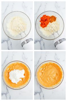 four images showing how to make the best pumpkin cheesecake crusts in a glass bowl