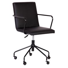 a black office chair with wheels and casteors on an isolated white background, front view