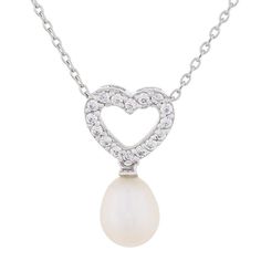 "Simple, yet elegant, this freshwater cultured pearl heart pendant lends a sweet touch to your ensembles. Simple, yet elegant, this freshwater cultured pearl heart pendant lends a sweet touch to your ensembles. Pendant size: 1.1""L x 0.25""W Chain length: 17 in. Chain type: rope Metal: sterling silver Plating: rhodium Finish: polished Packaging: boxedCULTURED PEARL DETAILS Type: freshwater Size: 7.5 mm - 8 mm Shape: drop Color: white Gemstones may have been treated to enhance their appearance. S Anniversary Heart Pendant Pearl Necklace, Elegant Silver Heart Necklace With Pearl Charm, Elegant White Open Heart Necklace, Elegant Silver Heart-shaped Pearl Necklace, Heart-shaped Pearl Necklace For Anniversary, Elegant Heart-shaped Pearl White Necklace, Elegant Heart-shaped Pearl Drop Necklace, Elegant Heart-shaped Pearl Necklace, Elegant Heart-shaped Pearl Pendant Necklace