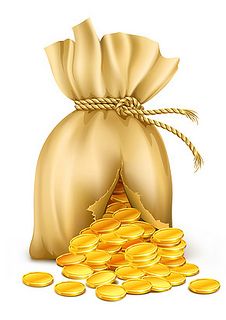 gold coins spilling out of a bag on a white background - 3d rendering, illustration