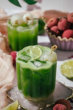 The lychee matcha soda topped with a fresh lychee and a lime wedge. Matcha Cake