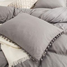 PRICES MAY VARY. Size: 2 Queen size pom poms pillowcases 20 in x 30 in. Pillows are not included Deep Pocket Pillow Cover: Inside stitching features, open pocket creating a deep pocket to perfectly hide the pillow, easy on and off, but will not slip off from the pillow by itself Soft Microfiber: 100% Soft Microfiber, lightweight and really really soft. It has cute pom poms, really match your bedroom Special Washing Care: Must wash inside out or use laundry bag, otherwise the balls may be fallen. Gray Bed Set, Grey Pillow Cases, Boho Duvet Cover, Boho Duvet, Grey Duvet, Green Duvet, Green Duvet Covers, Full Duvet Cover, Grey Pillows