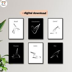 four black and white pictures with the words digital download on them, in front of a potted plant