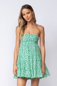 Find the Avery Green Floral Print Strapless Mini Dress at BohoPink.com! Green floral mini dress with strapless neckline. Express shipping is available!