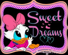 a sign that says sweet dreams with a cartoon duck wearing a pink hat and scarf