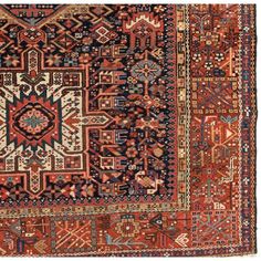 an old rug with many different colors and patterns on it, including blue, red, orange