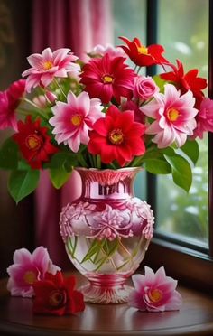 a pink vase filled with red and white flowers on top of a table next to a window