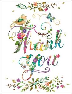 the words thank you are surrounded by flowers and birds