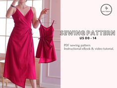 a woman in a pink dress is holding up her sewing pattern